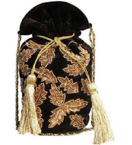 10 Inch Long Silk Embroidered Autumn Leaves Designer Potli Bag