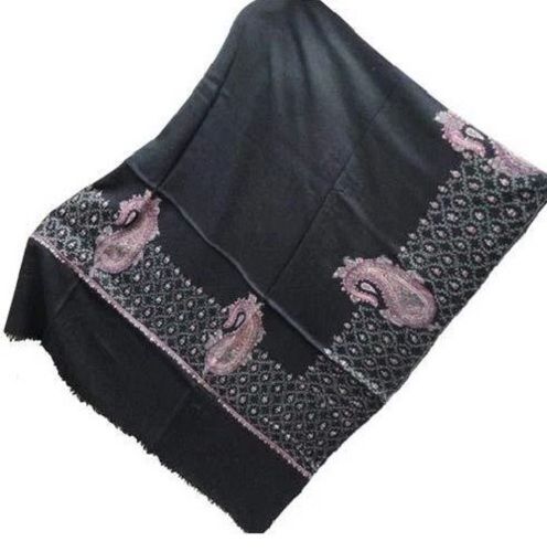 Black 175 Cm Long Ladies Embroidered Woolen Shawl For Winters