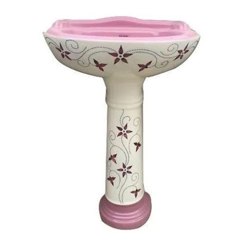 Pink And White 540X405X850 Mm Oval Glossy Finish Ceramic Pedestal Wash Basin 