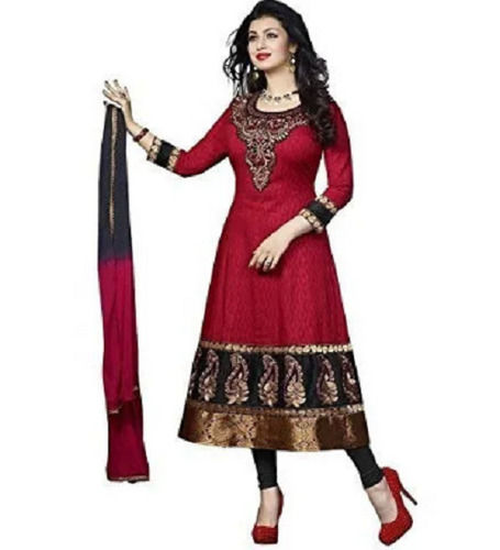 Maroon Full Sleeve Cotton Embroidered Anarkali Suit For Ladies