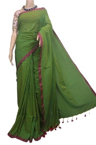 Spring Ladies Formal And Casual Wear Plain Beautiful Green Cotton Saree With Red Border