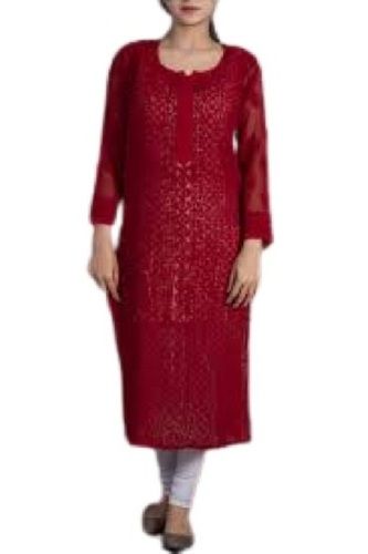 Maroon Ladies Printed 3-4Th Casual Wear Round Neck Cotton Kurtis