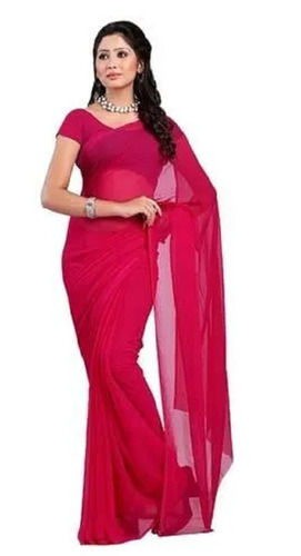 Pink Casual Wear Plain Georgette Saree For Ladies