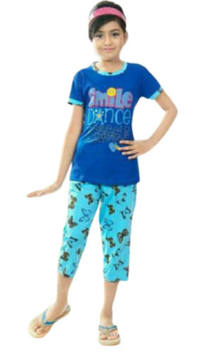 Multi Short Sleeves And Round Neck Printed Cotton Night Suit For Girls