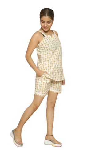 White Soft Skin Friendly Cotton Unfadable Printed Shorts And Top Set Night Dress