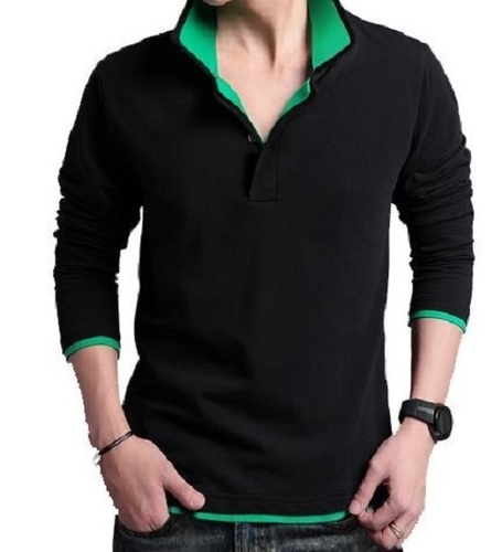 Black Casual Wear Long Sleeve Polo Collar Neck Plain Cotton Mens T