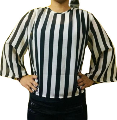 Black And White Casual Wear Long Sleeve Round Neck Striped Georgette Fancy Tops For Ladies