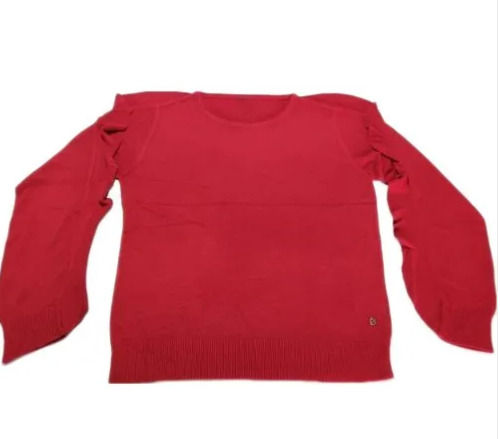 Red Crew Neck Long Sleeves Hand Knitted Ladies Designer Cardigan 