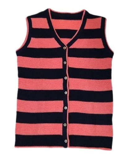 Pink And Red V Neck Hand Knitted Sleeveless Sweater For Ladies 