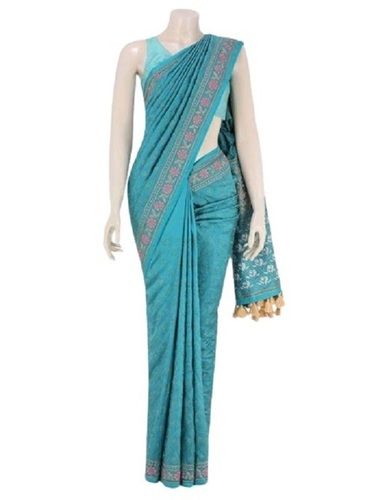 Blue Ladies Emobroidered Silk Saree With Matchig Blouse Piece