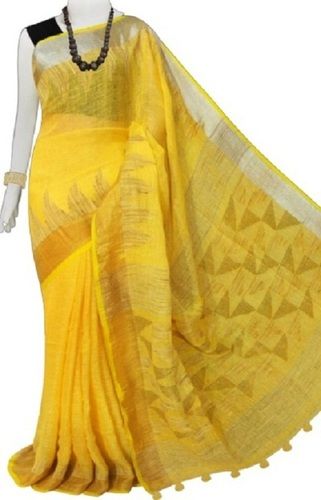 Casual Ladies Plain Yellow Color Cotton Saree With Unstitched Blouse Piece