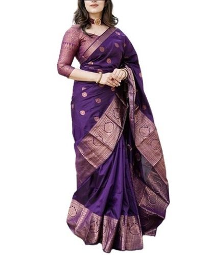 Purple Ladies Printed Party Wear Cotton Banarasi Silk Saree