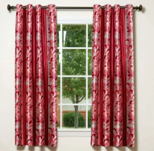 Red 9 X 5 Feet Shrink Resistant Printed Cotton Curtains For Hotel And Home