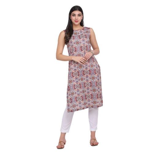 Comfortable Sleeveless Daily Wear Rayon Printed Kurti For Ladies 