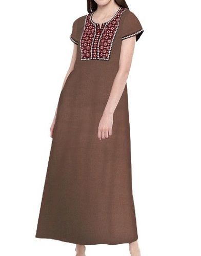 Ladies Printed Short Sleeve Brown Cotton Nighties