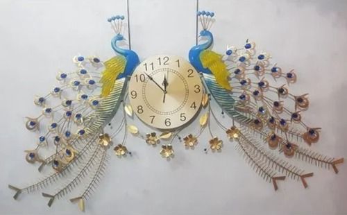 1.80 Kilogram 64X30 Inches Multicolor Round Metal Double Peacock Wall Clock  Color Of Band: Na