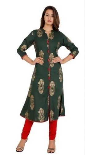 Casual Wear Comfortable Knee Length Fancy Printed Cotton Ladies Kurti - 44 Inch Length, Bust Size 40 Inch, Green with Golden Print, 3-4th Sleeves, Breathable