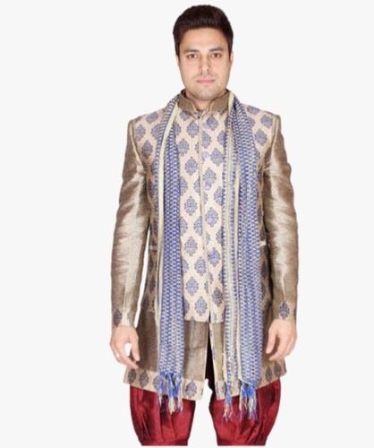 Golden Full Sleeves Embroidered Cotton Silk Indo Western Sherwani For Mens 