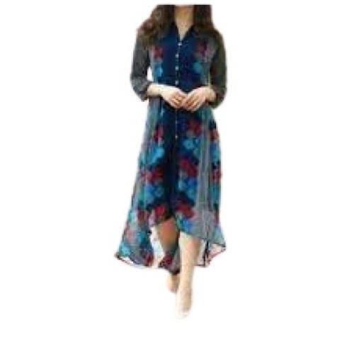 Ladies 3/4Th Sleeves Navy Blue Printed Chiffon Fancy Kurti Bust Size: 14 Inch (In)