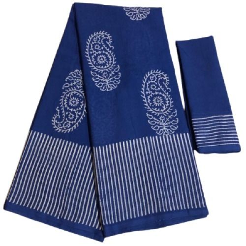 Navy Blue Ladies Daily Wear Cotton Block Printed Sarees With Unstitched Blouse Piece