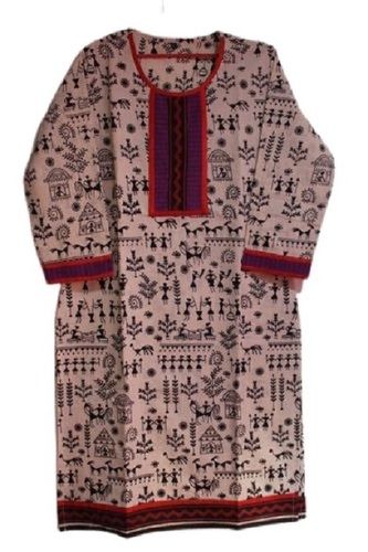 Off White Ladies Round Neck 3/4Th Sleeve Block Printed Kurti