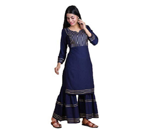 Blue Party Wear Full Sleeve Embroidered Cotton Palazzo Suit For Ladies 