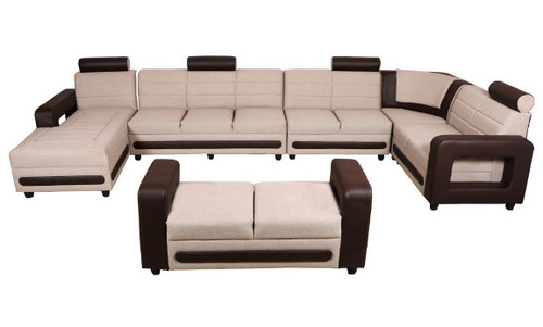 मशीन से निर्मित 3X8 फीट 86 किलोग्राम सॉलिड वुड और लेदरेट U आकार का आधुनिक सोफा सेट