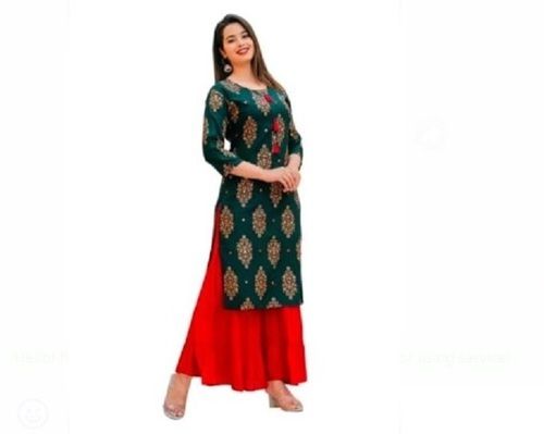 Green & Red Daily Wear Comfortable Round Neck Printed Rayon Sharara Suit For Ladies