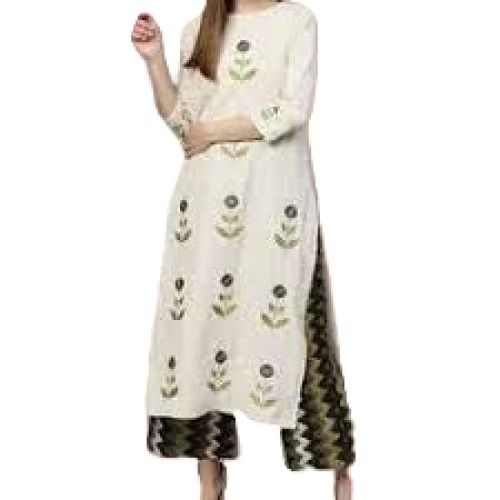 Indian Ladies Daily Wear 3/4Th Sleeves Boat Neck Printed White Cotton Kurti