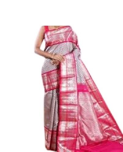 Ladies Grey With Red Printed Kanchipuram Silk Saree With Attach Blouse