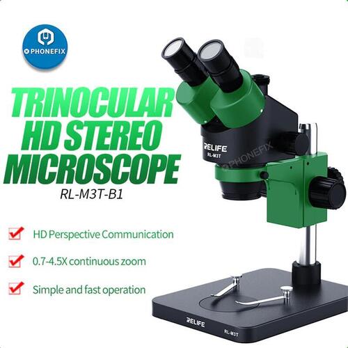 RELIFE Trinocular Stereo Microscope - 7X-45X Zoom, Green, 360 Rotating Fixed Rod, HDMI Camera Support, Adjustable LED Light