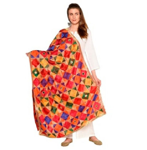 1.5 Meter Long Multicolor Printed Cotton Phulkari Dupatta With Mirror Work Bust Size: 32 Inch (In)