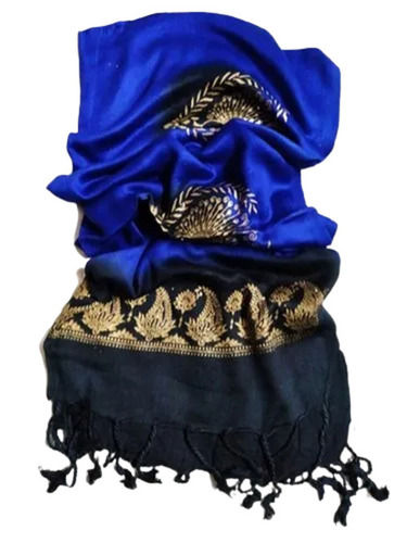 Blue And Black 1.8 Meter X 0.7 Wide Embroidered Satin Daily Wear Fancy Stole For Womens 