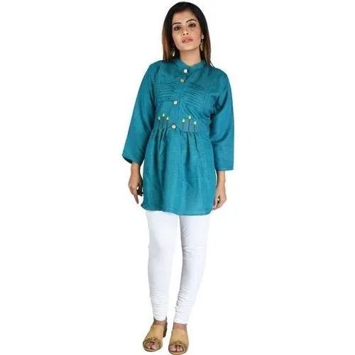 Casual Wear Embroidered 3-4Th Sleeves Modern Cotton Short Kurti For Ladies  Bust Size: 22 Inch (In)