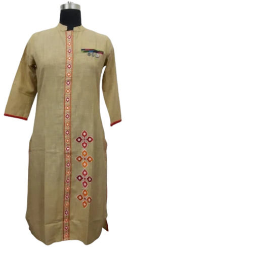 Daily Wear Stand Collar Full Sleeves Designer Cotton Kurti For Ladies