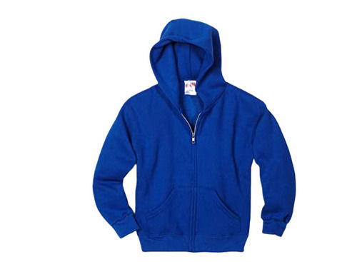 Blue Long Sleeve Casual Wear Zipper Closure Plain Cotton Hoodies