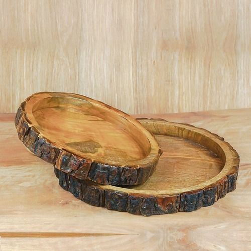 Metal Round Natural Wooden Bark Serving Tray For Hotel, Restaurants