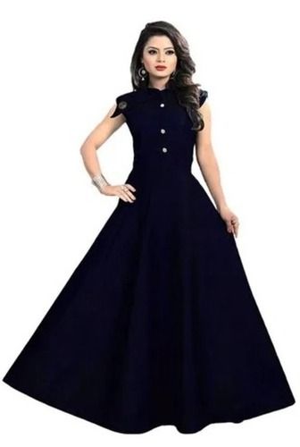 Dark Blue Skin Friendly And Washable Sleeveless Party Wear Plain Silk Gown Dresses