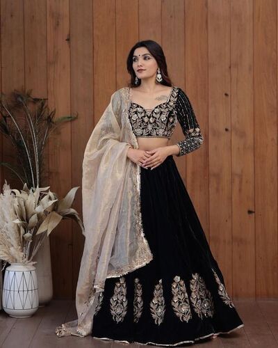 Women Heavy Viscose Velvet with Heavy Embroidery Sequence Work Lehenga