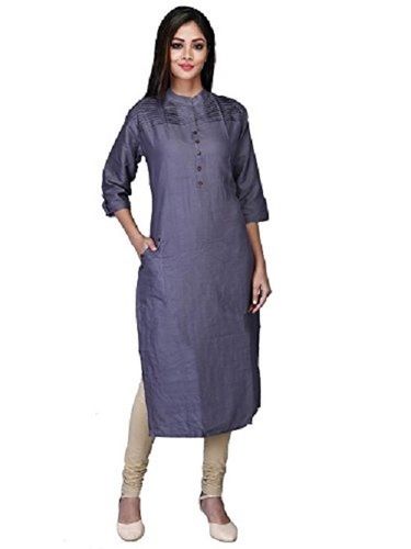 3/4th Sleeves And Button Closure Plain Cotton Kurti For Ladies