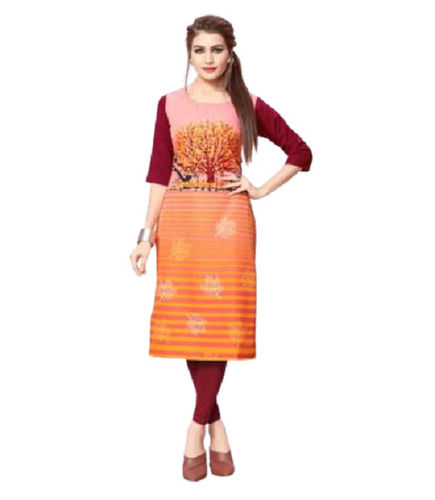 3/4th Sleeves And Round Neck Digital Printed Crepe Kurtis For Ladies