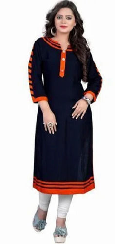 Black And Orange 30 Inch Washable Quick Dry Casual Party Wear Rayon Printed Kurti For Ladies 