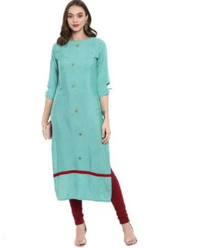 Sky Blue 40 Inch Length 3 By 4 Sleeve Round Neck Cotton Plain Ladies Kurtis