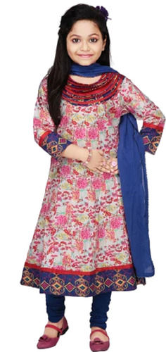 Full Sleeve Cotton Printed Round Neck Kids Churidar Suit For Girls