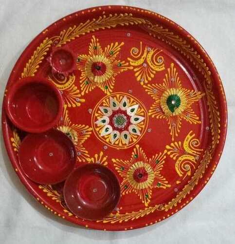 Multicolor Decorated Stainless Steel Round Pooja Thali
