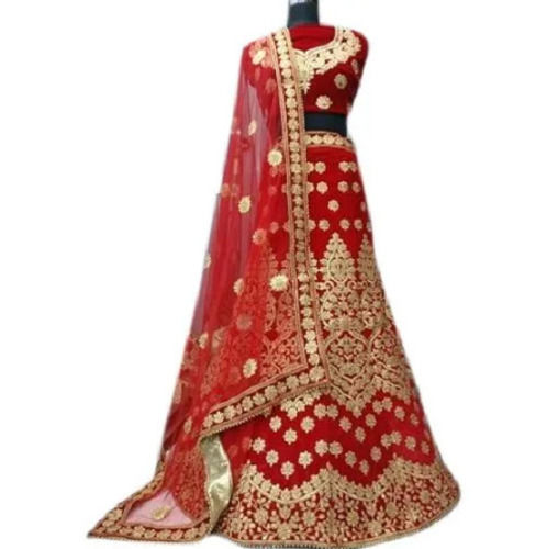 Red Semi Stitched Embroidered Traditional Satin Bridal Lehenga 