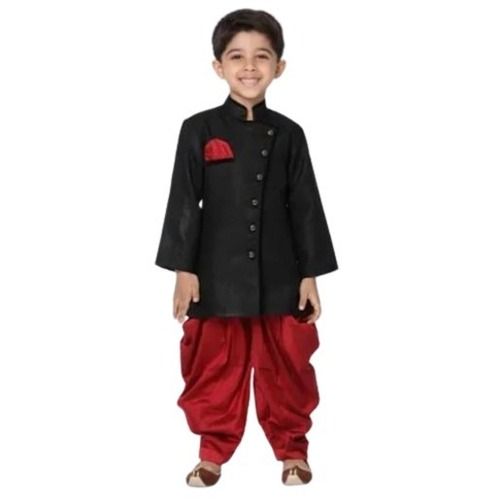 Black Full Sleeves Plain Cotton Silk Dhoti Kurta With Button Closure For Kids