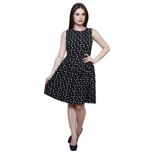 Black Washable Modern Party Wear Sleeveless Printed Cotton One Piece Dress