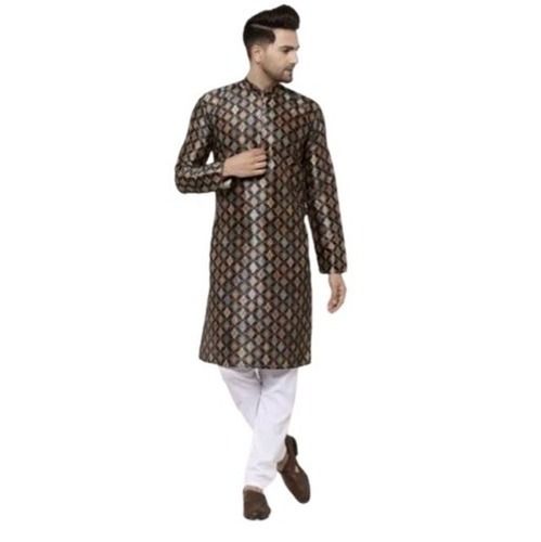 Black And Golden Party Wear Long Sleeves Printed Cotton Silk Kurta Pajama For Men