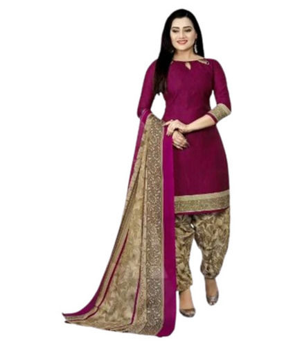 Beige And Dark Pink Round Neck 3/4Th Sleeves Skin Friendly Cotton Salwar Suit With Dupatta